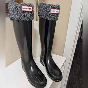 Hunter Black Rain Boots with Gray Knit Socks